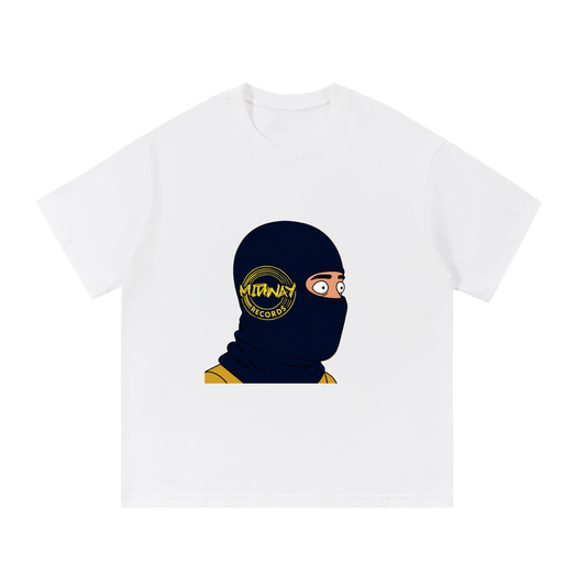 White t-shirt with a graphic of a person wearing a balaclava with the "MIDWAY" logo