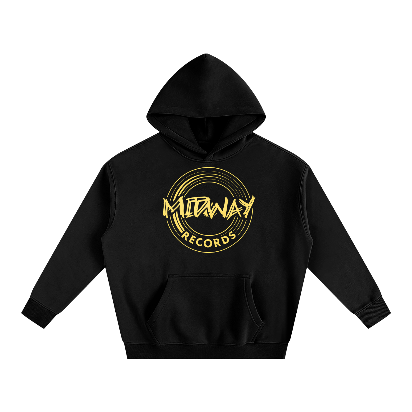 Black hoodie with yellow 'Midway Records' logo