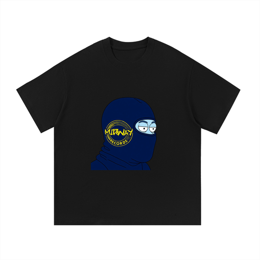Black t-shirt with a blue graphic design featuring a face and 'Midway Records' text on a white background.