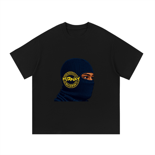 Black t-shirt with a graphic of a person wearing a blue balaclava with the "MIDWAY" logo.